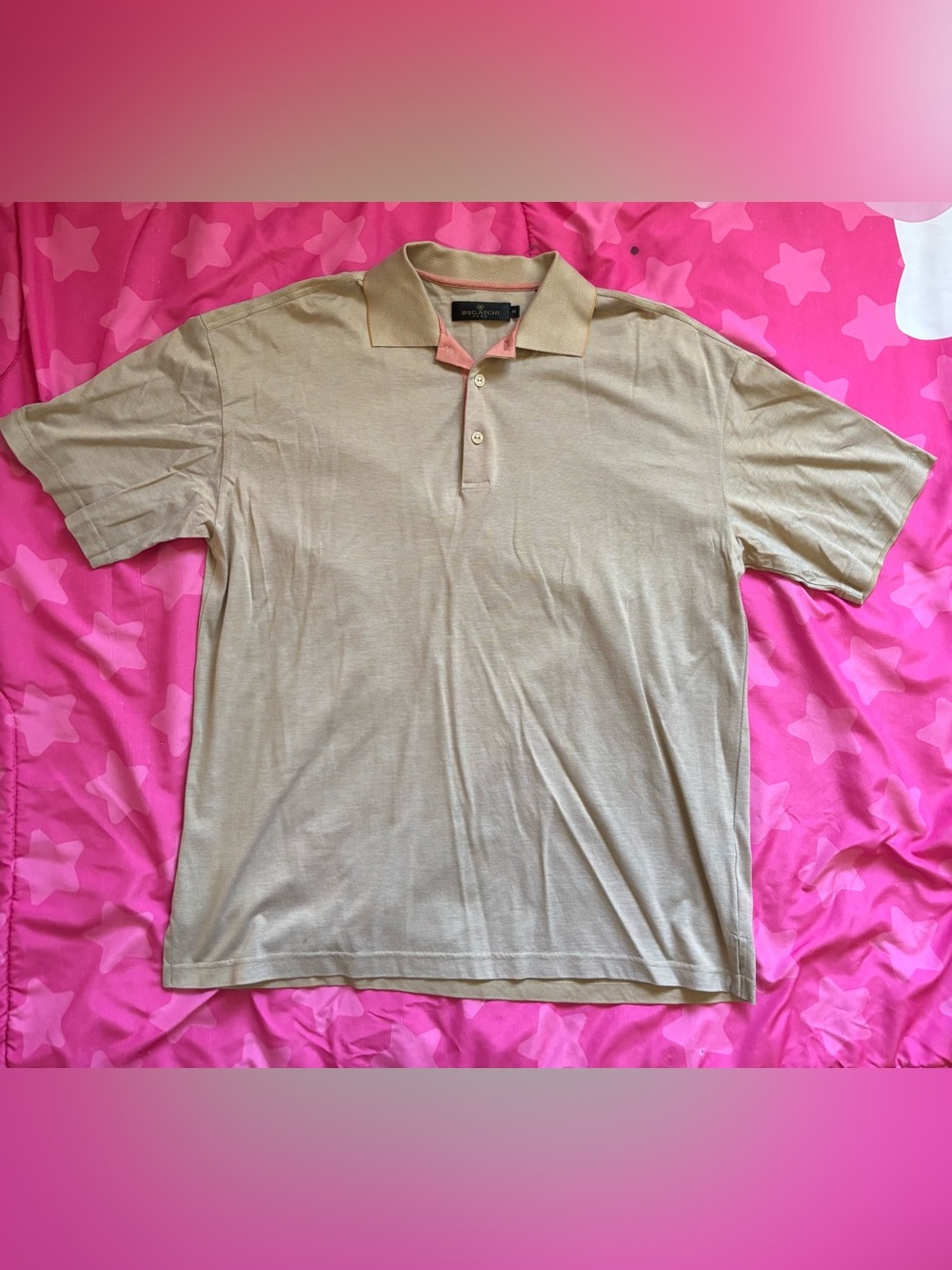 Bugatchi Beige Polo with Pink Contrast Placket Medium